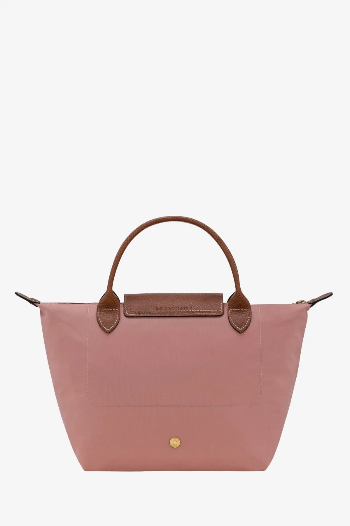 Longchamp women’s le pliage original nylon tote bag in soft pink with brown leather handles and gold-tone clasp