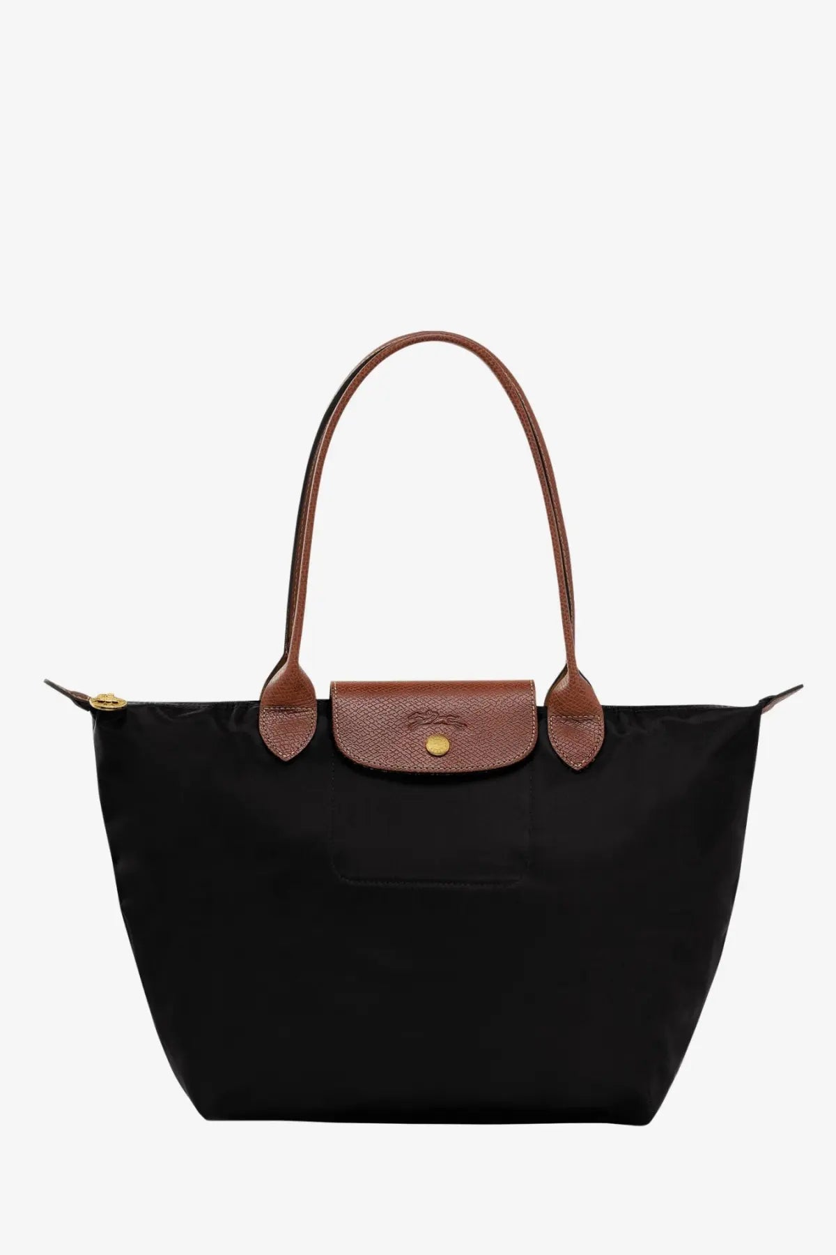 Black Longchamp women’s Le Pliage original nylon tote bag with brown leather handles and gold-tone hardware