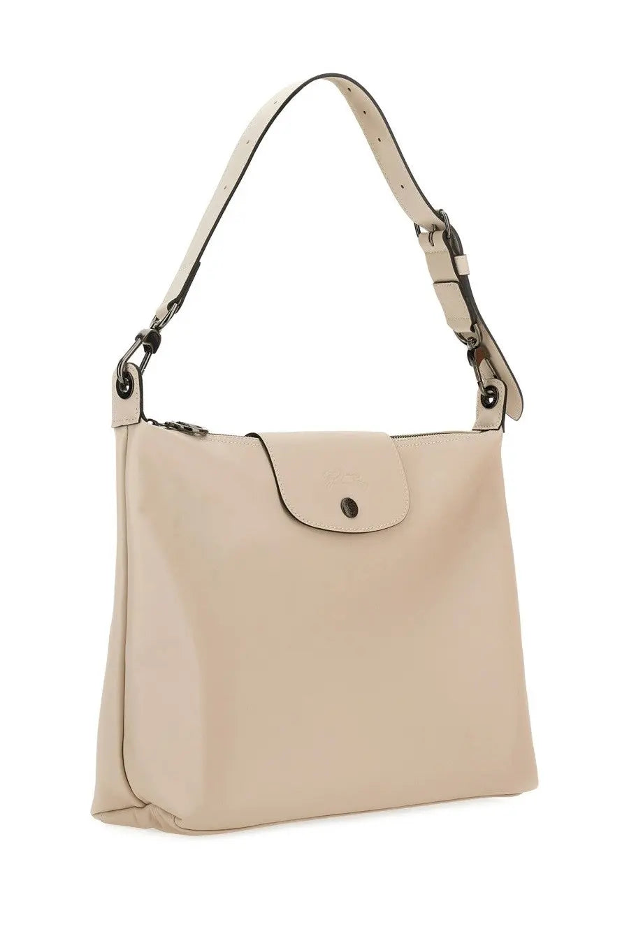 Beige leather longchamp le pliage handbag with minimalist design and black hardware accents in women’s hobo style