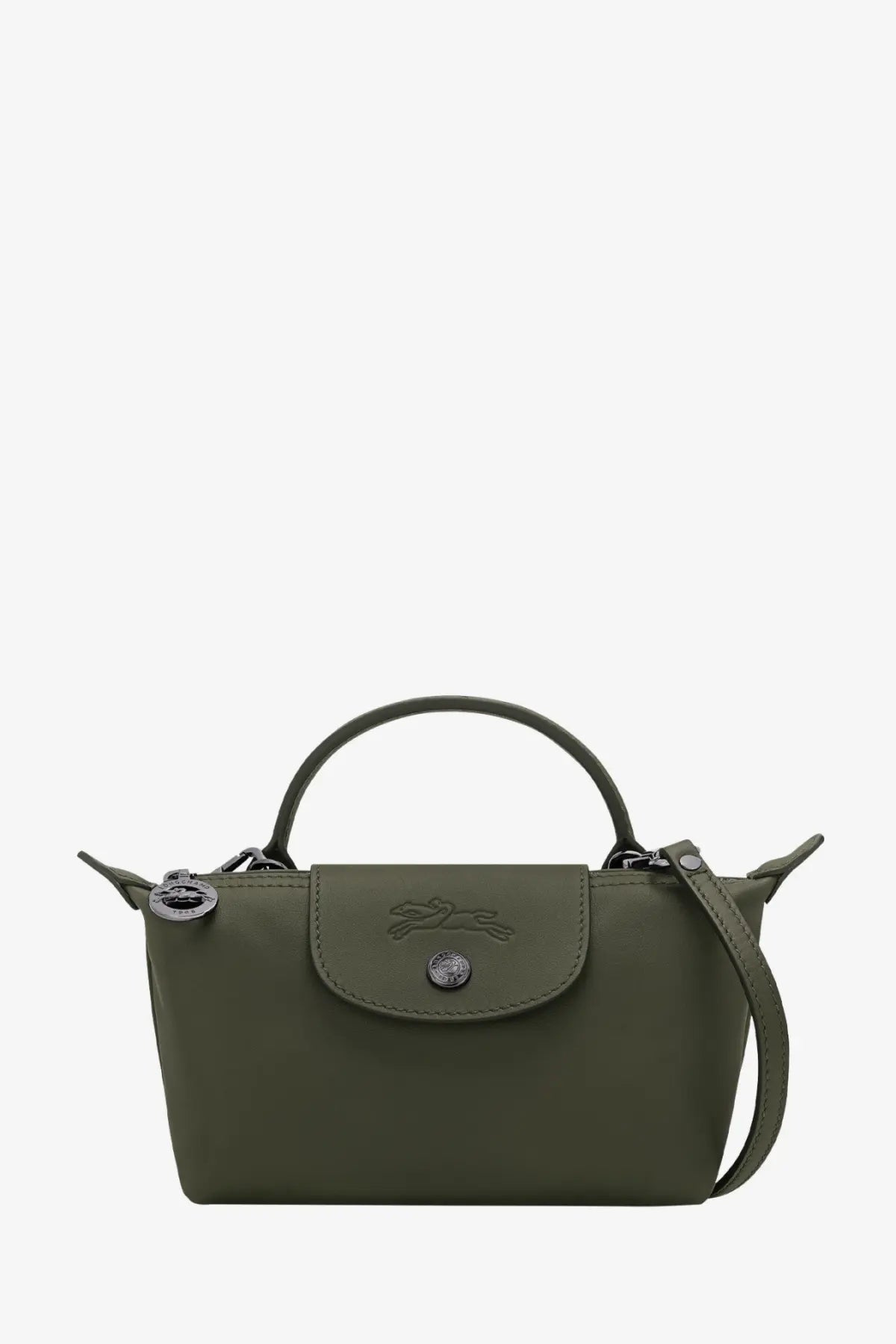 Olive green longchamp le pliage xtra leather crossbody bag with top handle and detachable shoulder strap sapin