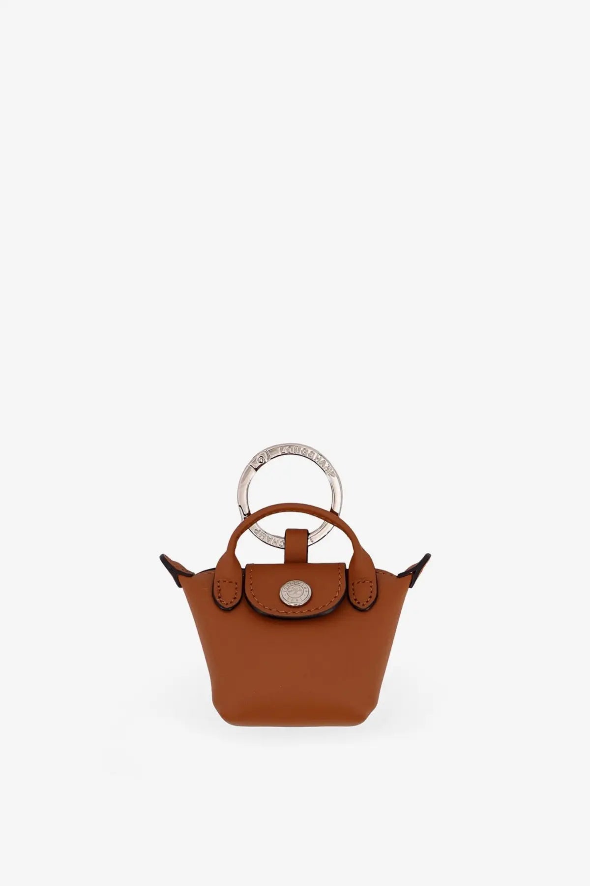 Longchamp women’s le pliage xtra brown leather keyring bag with silver-toned circular handle and clasp