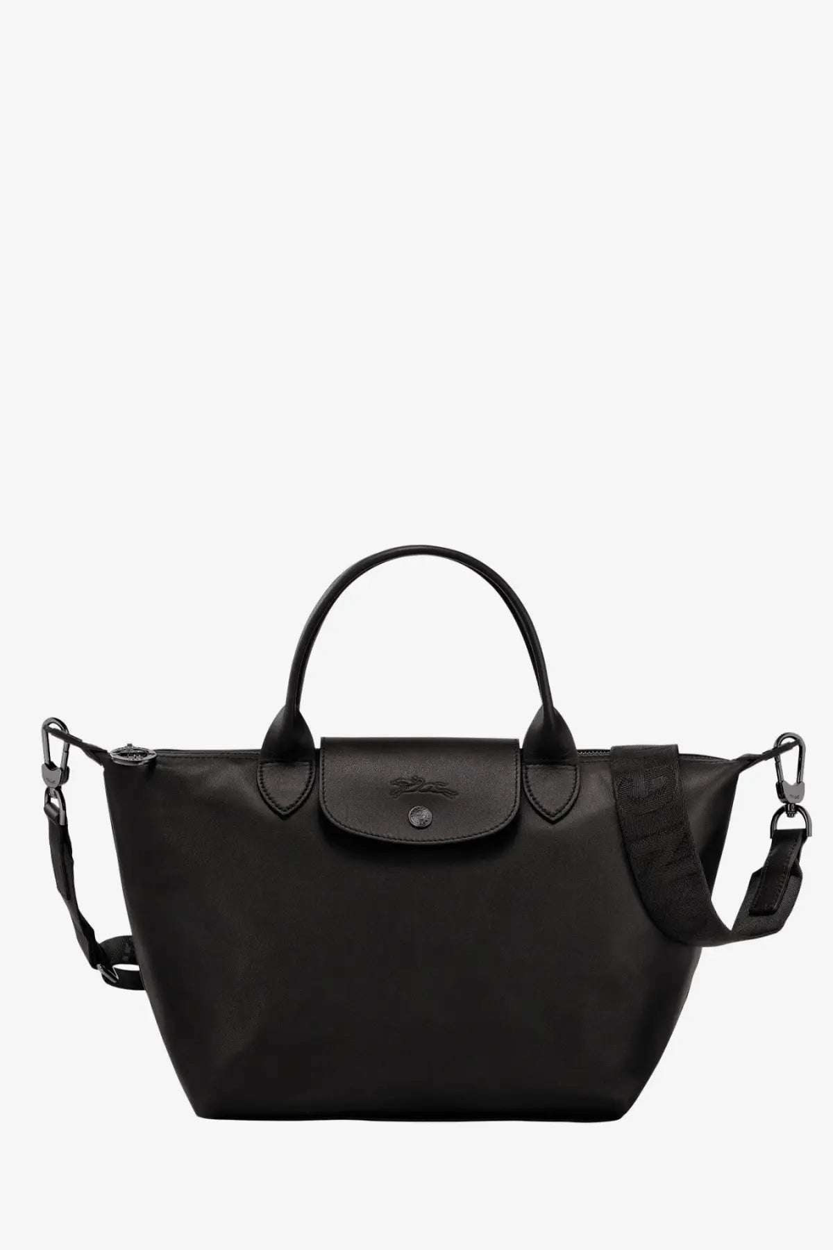 Black longchamp women’s le pliage xtra leather shoulder bag with sleek minimalist design and signature top flap closure