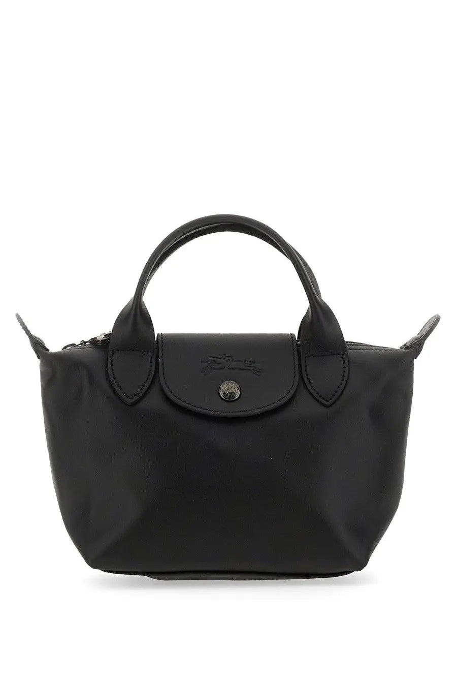 Black longchamp women’s le pliage xtra mini bag with sleek glossy nylon finish and signature top flap closure