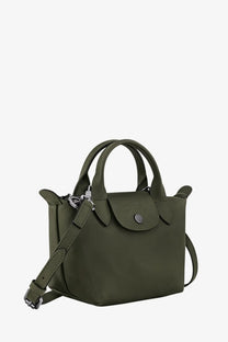 Olive green longchamp le pliage mini leather handbag with top handles and detachable shoulder strap sapin