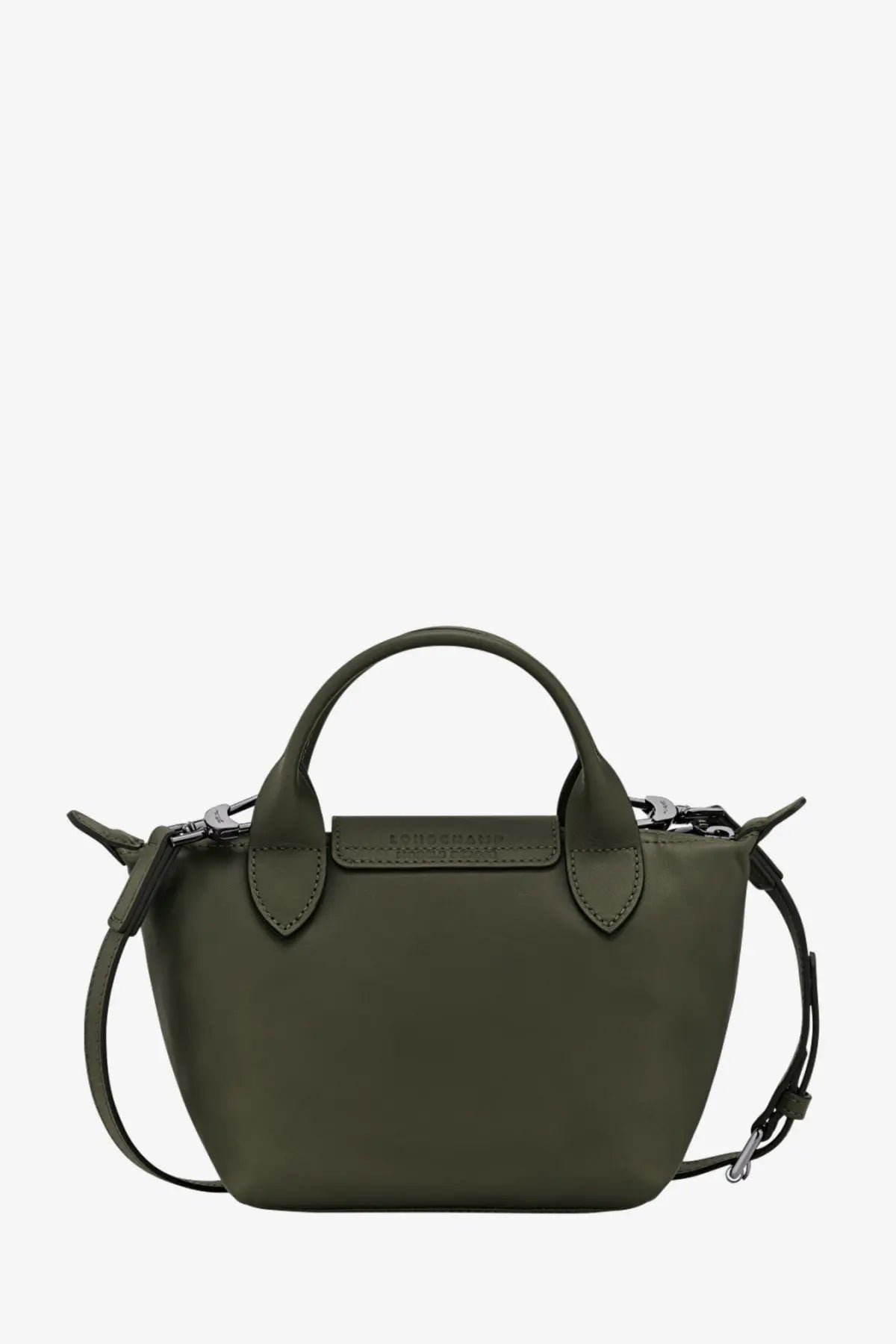 Olive green Longchamp Le Pliage mini handbag with structured silhouette and signature top handles in leather