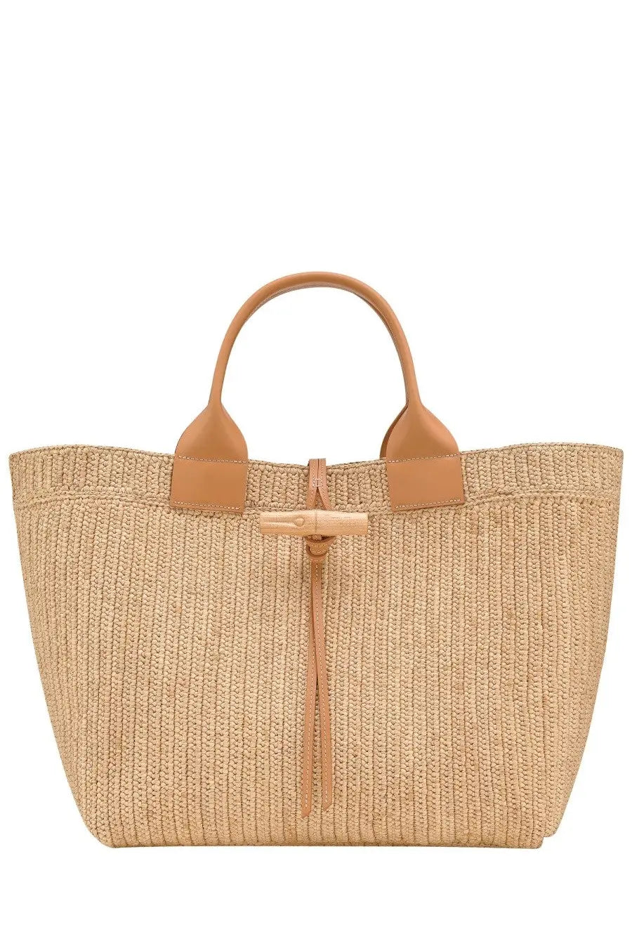 Longchamp women’s le roseau beige woven straw tote bag with tan leather handles and matching leather tie closure