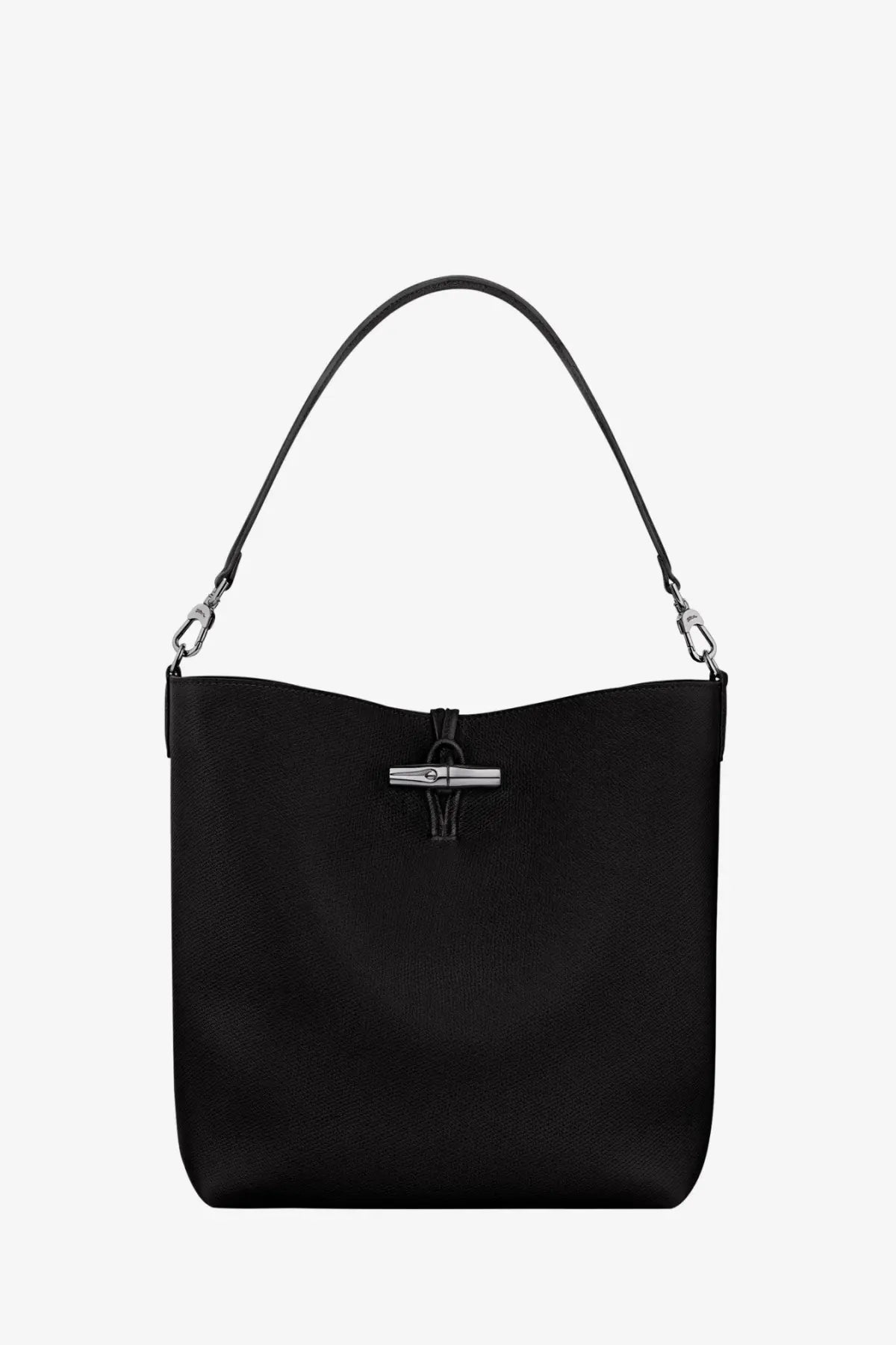 Longchamp women’s le roseau black leather bucket bag with silver-tone metal clasp and matching shoulder strap
