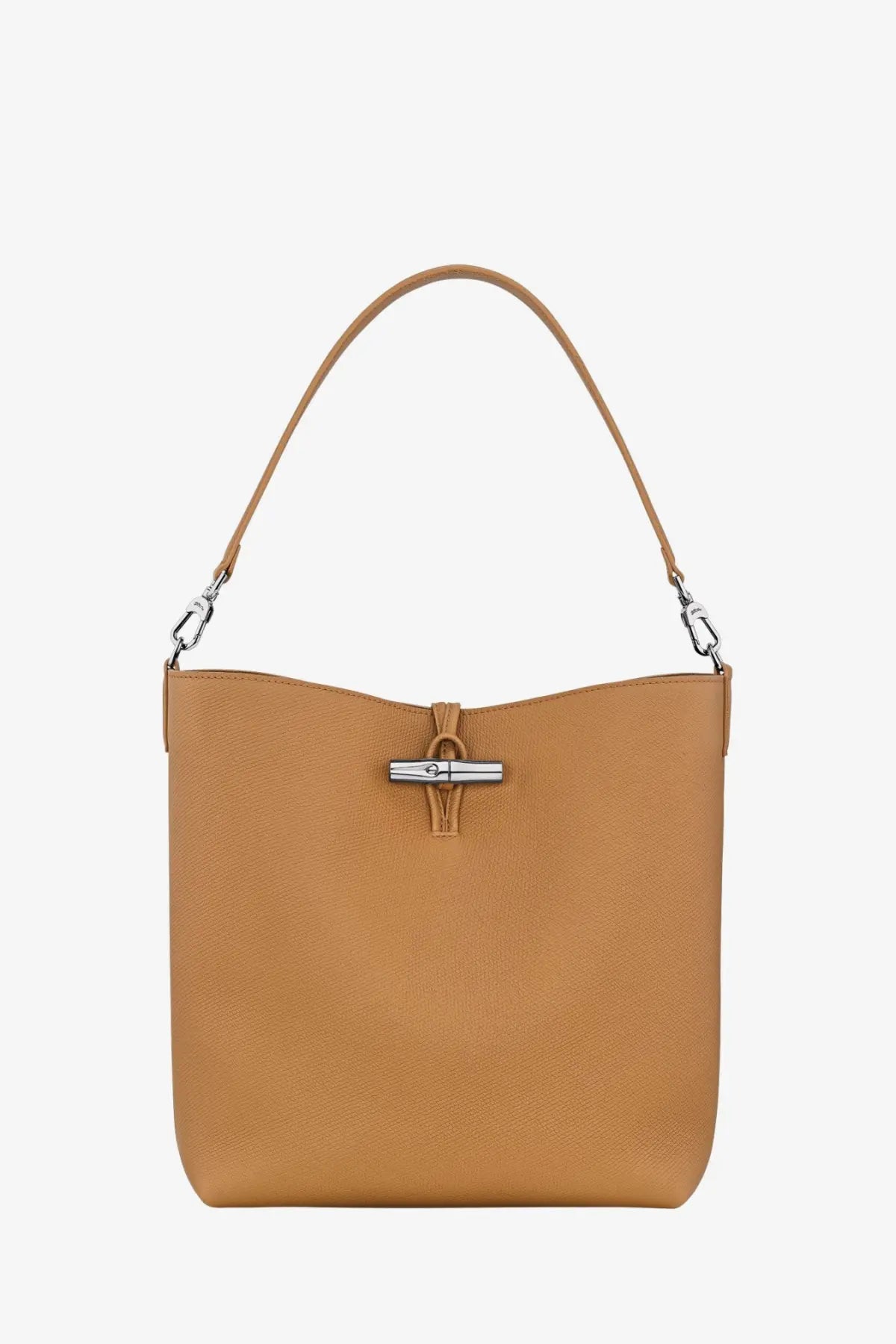 Longchamp women’s le roseau brown leather bucket bag with tan leather, silver-tone clasp, and matching shoulder strap