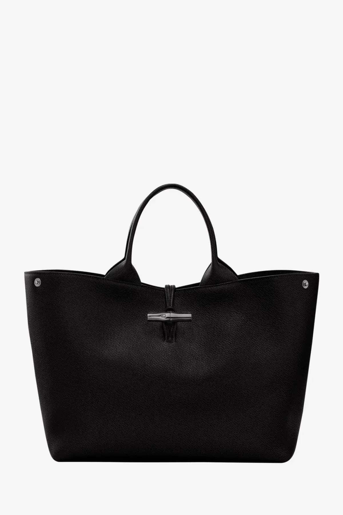 Longchamp women’s le roseau black leather tote bag with silver tone metal clasp and top handles