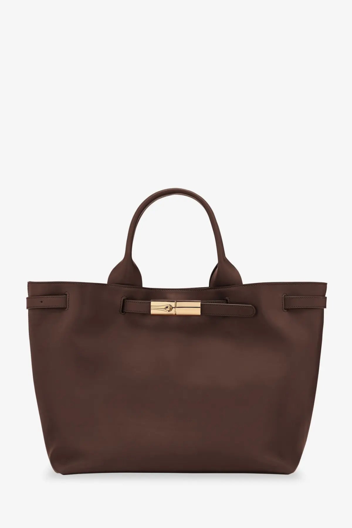 Longchamp women’s le roseau brown leather tote bag with gold-tone metal clasp and handles