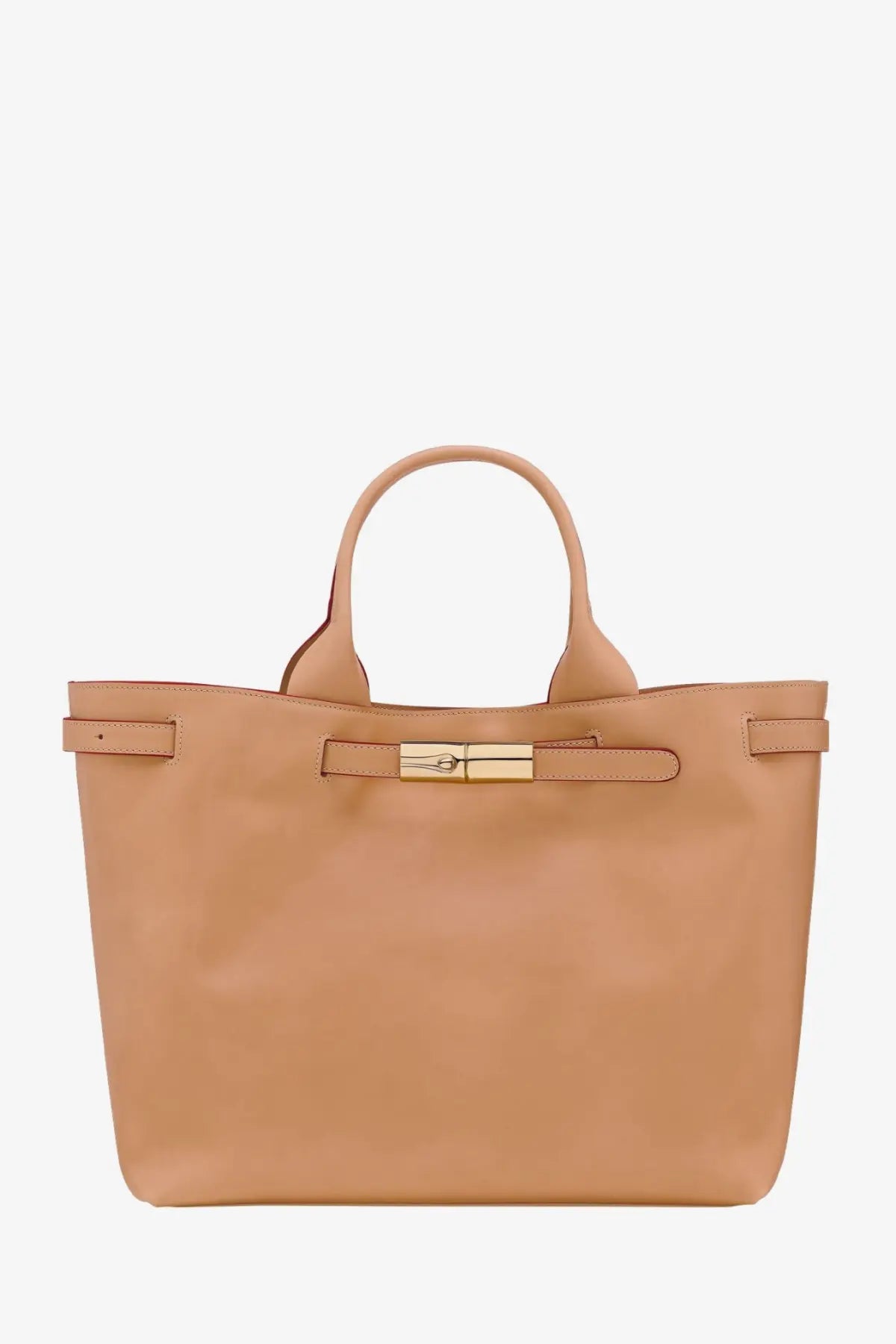 Beige leather tote bag with gold-tone metal clasp and handles by longchamp in green color