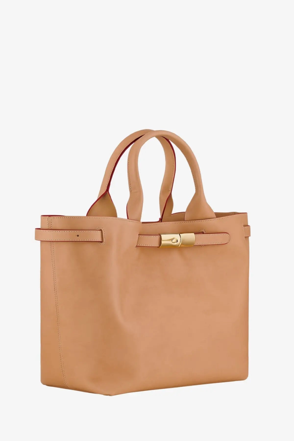 Beige leather tote bag with gold-tone buckle and matching handles from Longchamp women’s Le Roseau collection