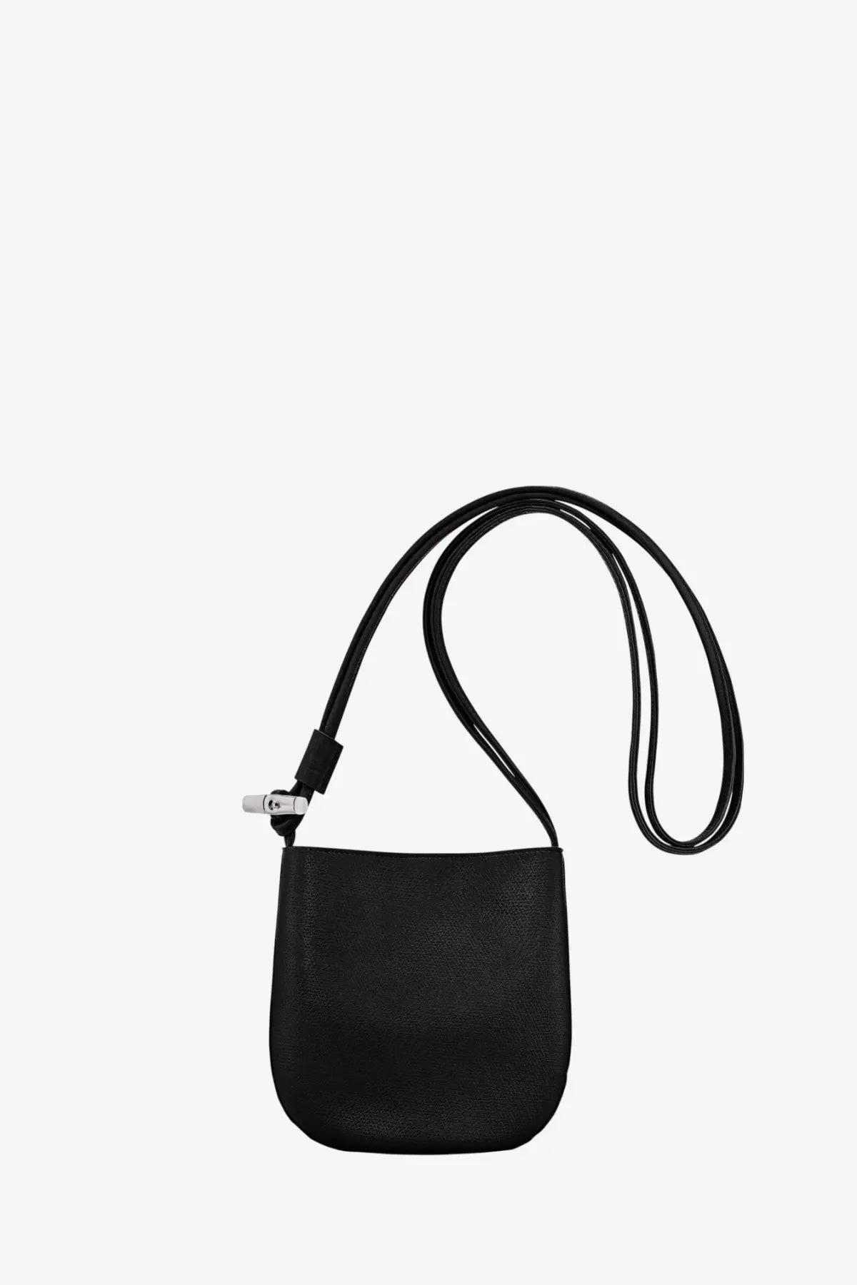 Longchamp women’s le roseau black leather crossbody bag with textured leather and silver toned hardware