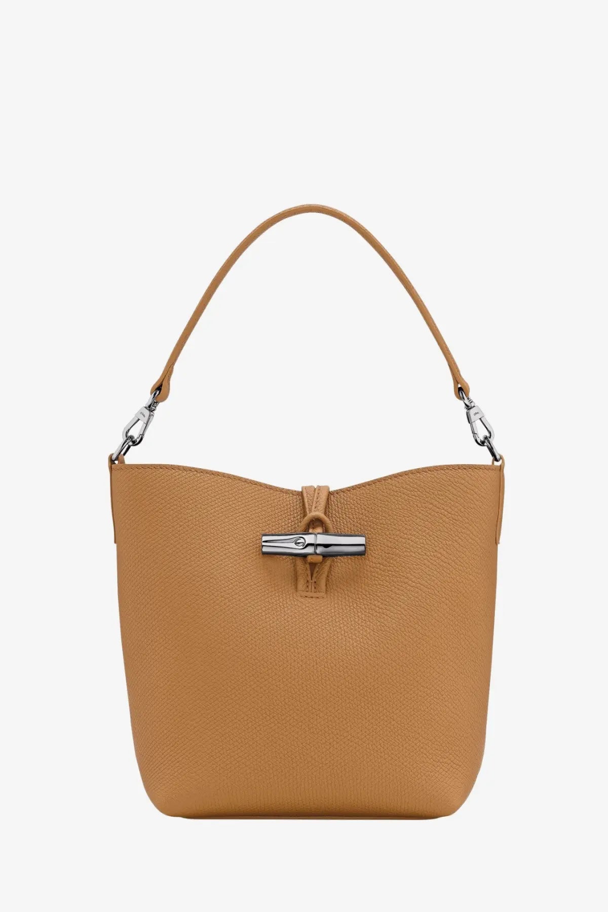 Longchamp women’s le roseau xs tan leather bucket bag with silver-tone metal clasp and matching handle