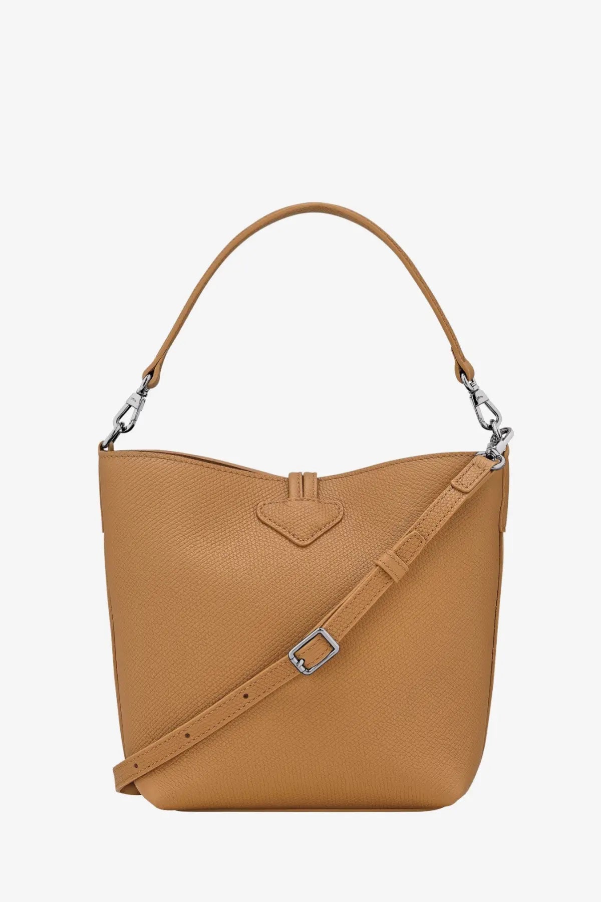Longchamp women’s le roseau xs leather bucket bag in brown tan with textured surface silver hardware and adjustable strap