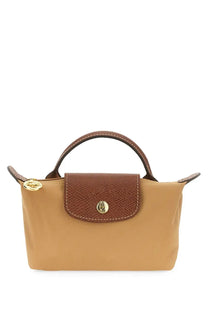 Longchamp women’s pochette le pliage original beige handbag tan and brown with textured leather flap gold hardware