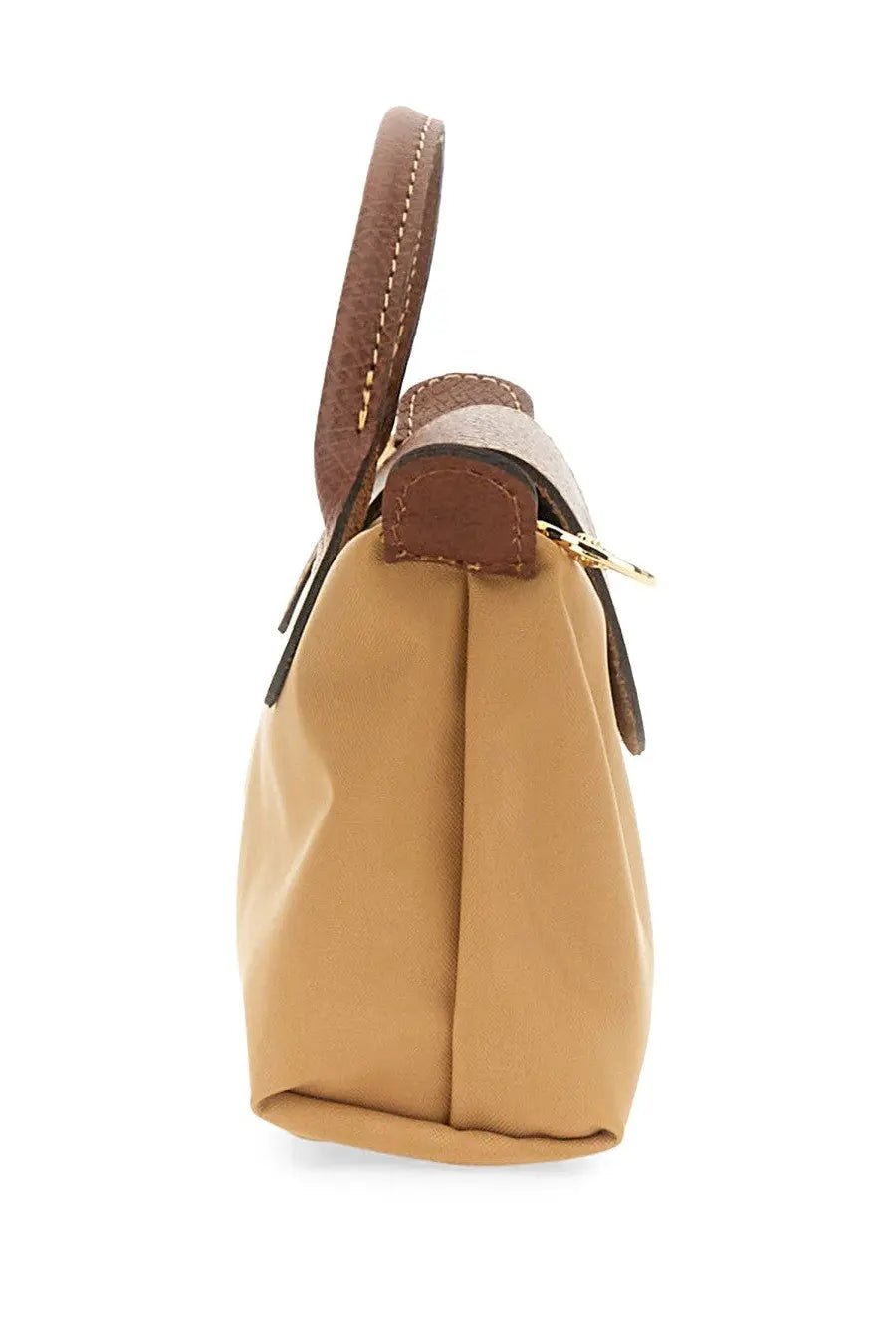 Tan leather longchamp women’s pochette le pliage original beige handbag with brown accents and gold-tone hardware