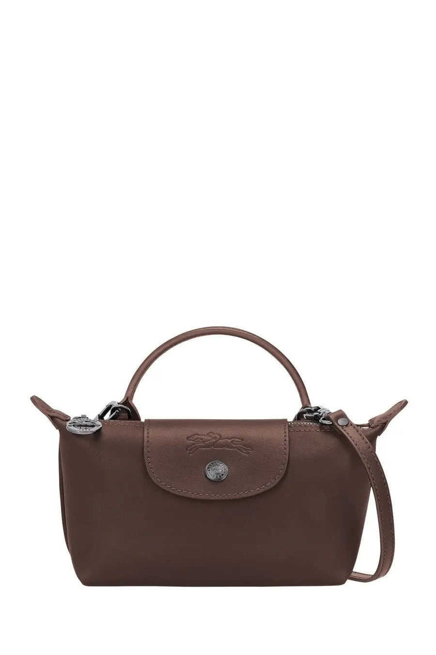 Longchamp women’s pochette le pliage xtra small brown leather handbag with silver-tone logo and hardware