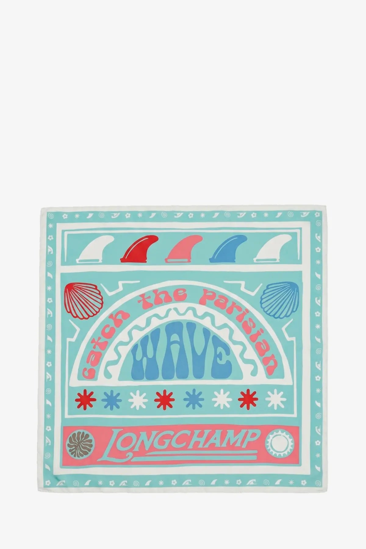 Longchamp women’s rainbow silk foulard featuring a turquoise and pink surfboard fin and seashell pattern with retro text