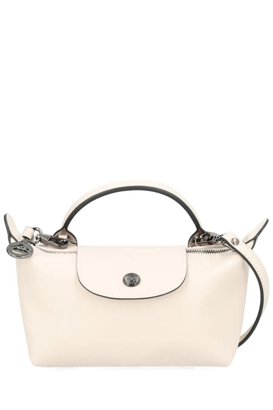 Cream-colored longchamp le pliage handbag with black leather handles trim and silver metal clasp for women