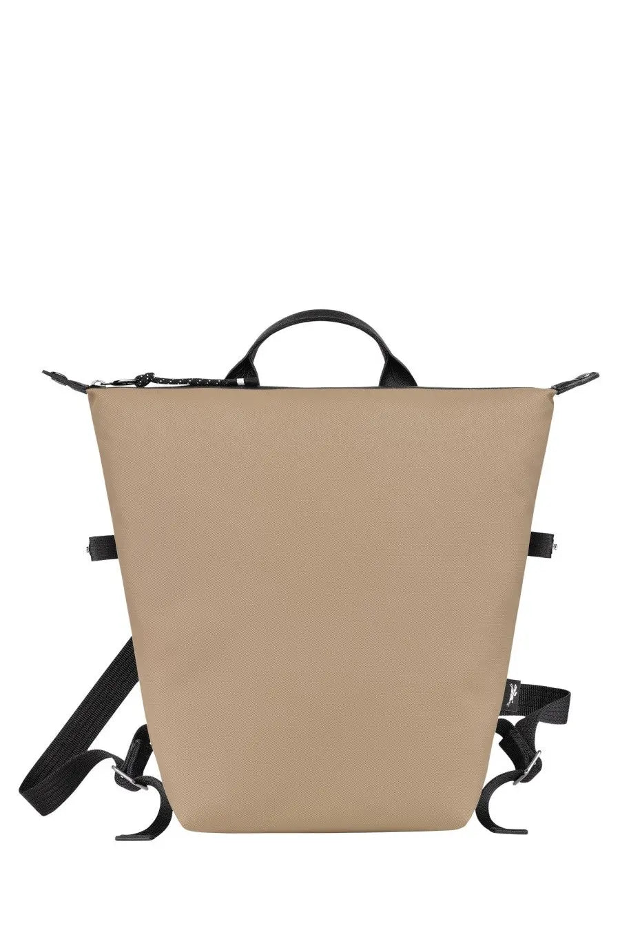 Beige canvas Longchamp women’s Zaino LE Pliage backpack with black leather handles and straps