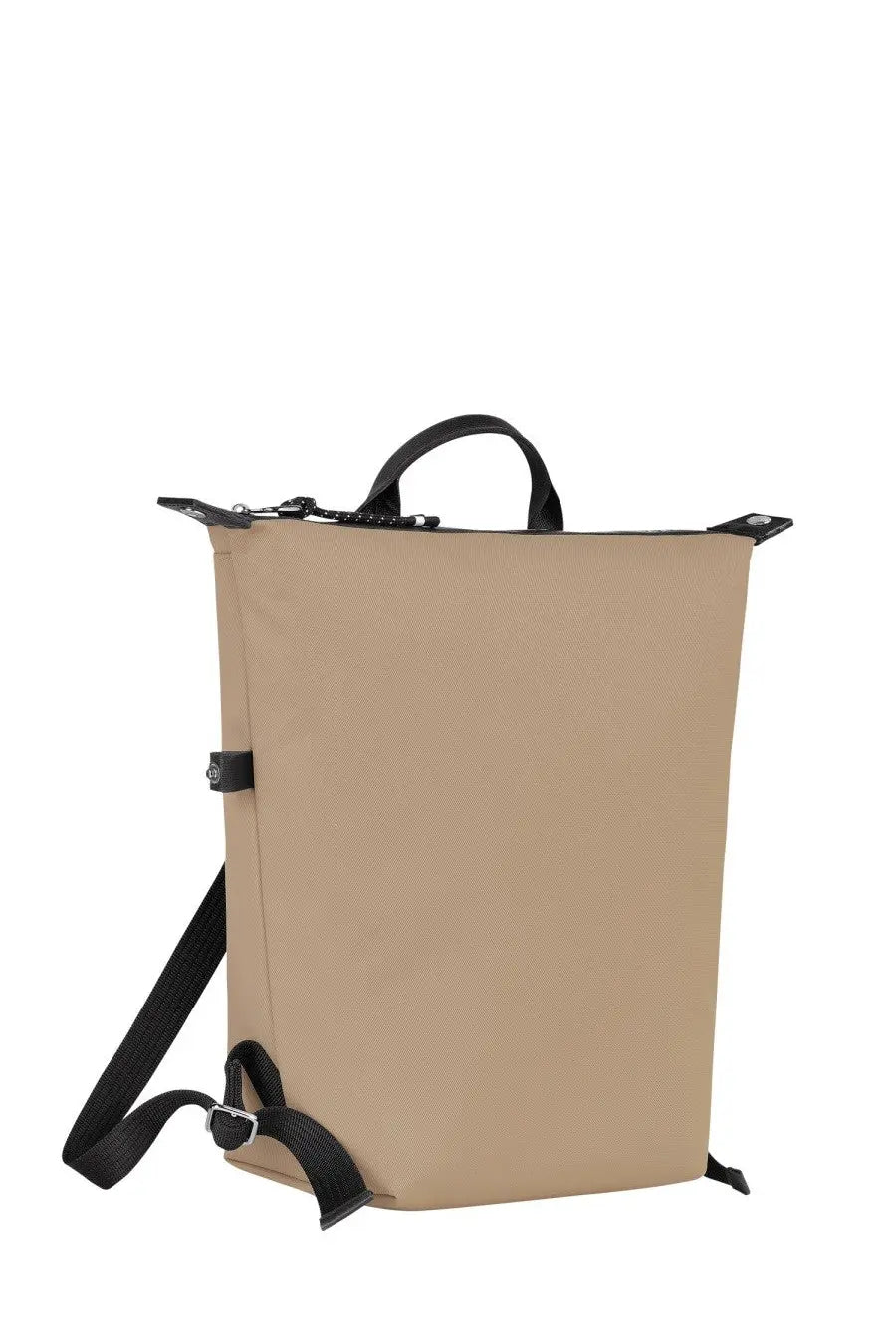 Longchamp womens zaino le pliage beige canvas backpack with black zippers straps and handle