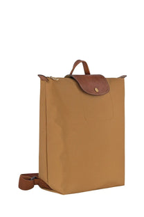 Longchamp women’s zaino LE Pliage medium beige canvas backpack with brown leather flap and classic design