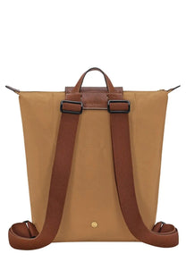 Tan canvas longchamp women’s zaino le pliage medium beige backpack with brown leather straps and adjustable shoulder straps