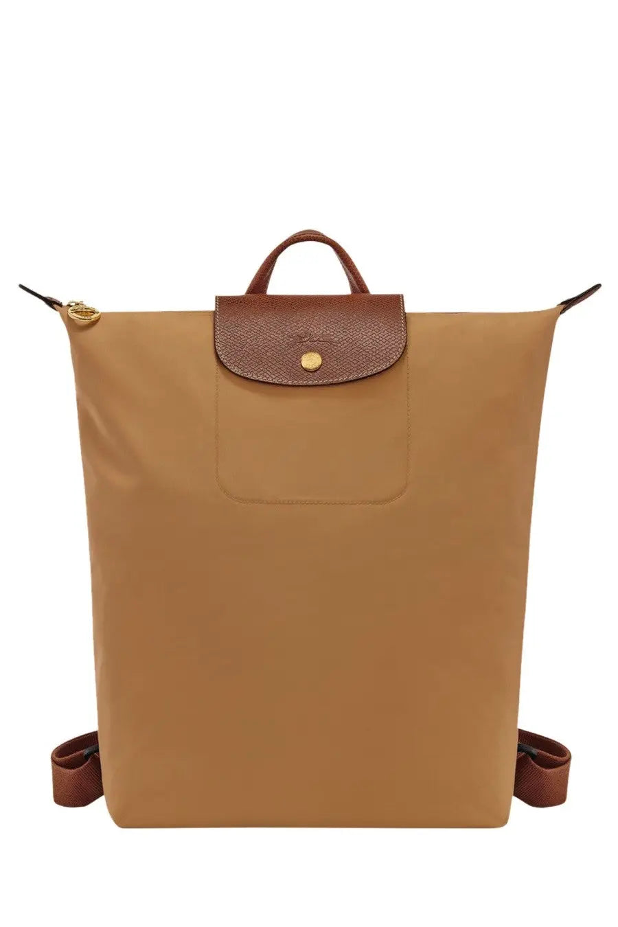 Longchamp women’s zaino le pliage medium beige tan nylon backpack with brown leather flap and gold-tone hardware