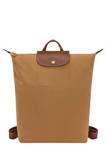 Longchamp women’s zaino le pliage medium beige tan nylon backpack with brown leather flap and gold-tone hardware
