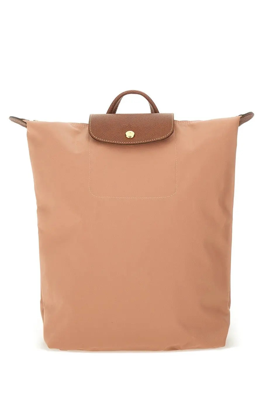 Tan nylon Longchamp women’s zaino medium backpack with brown leather top flap handle and gold-tone logo button