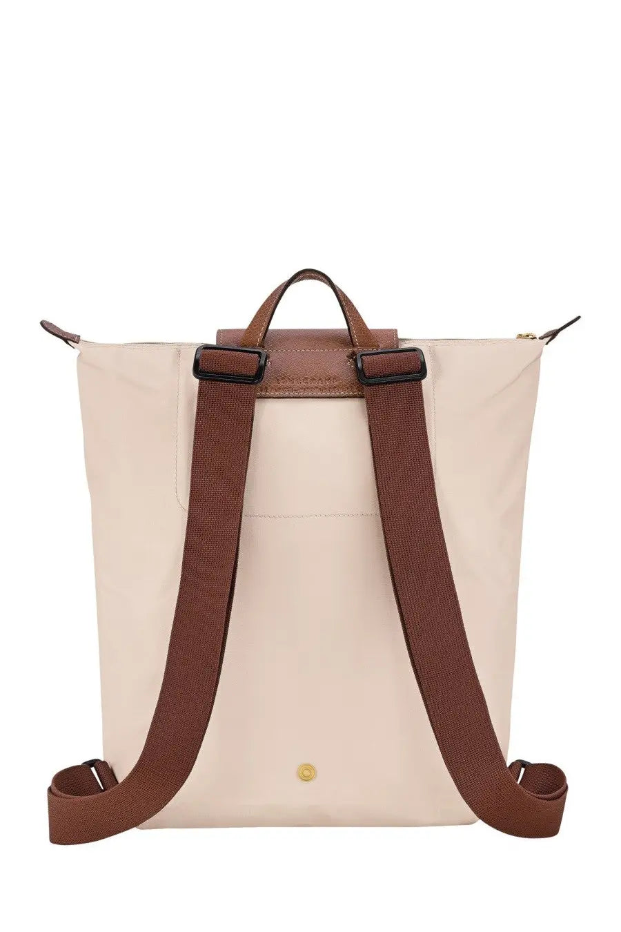Beige longchamp women’s zaino le pliage backpack with brown leather straps and gold-tone hardware in white