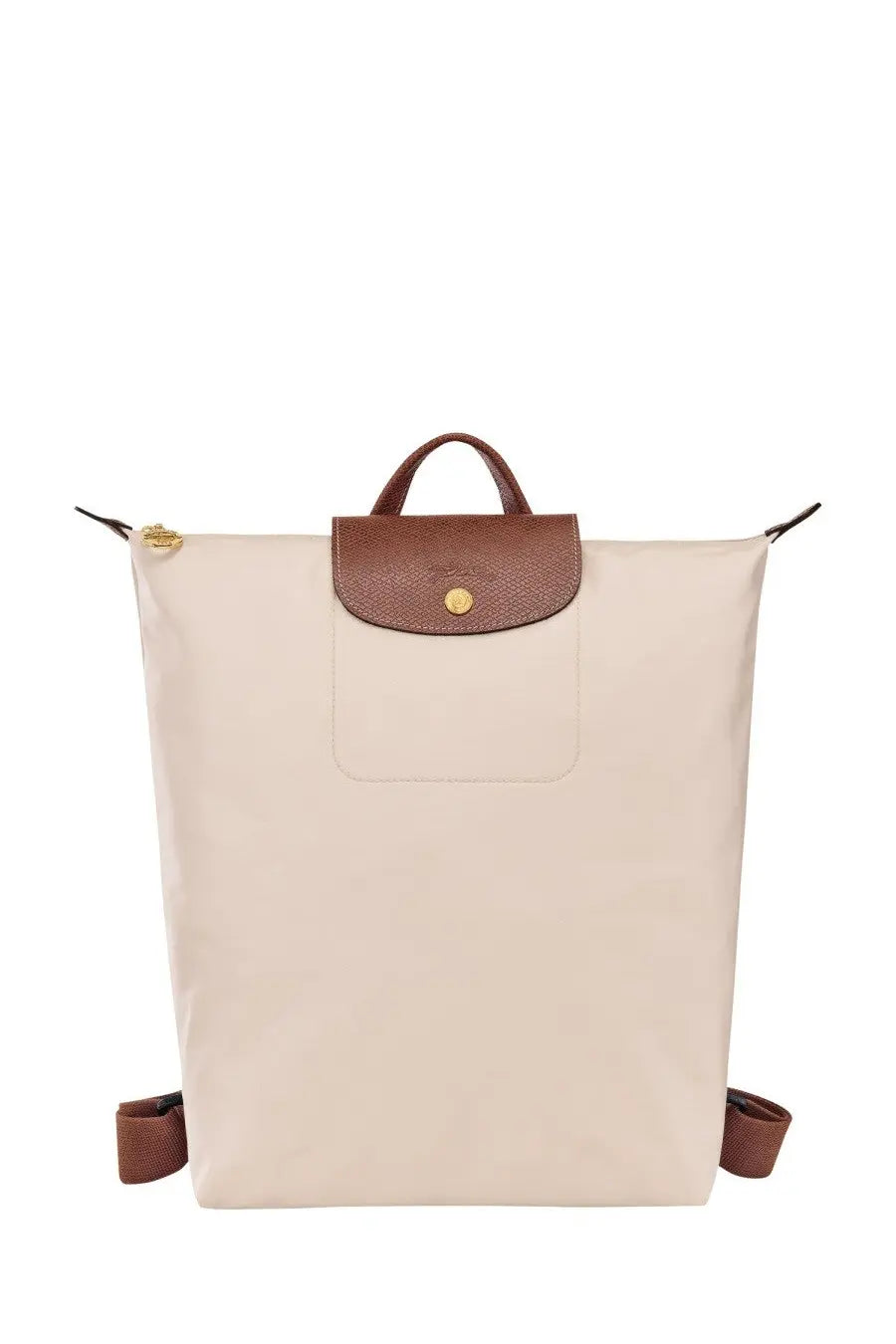 Beige longchamp women’s zaino le pliage backpack with brown leather accents and gold-tone hardware in white model