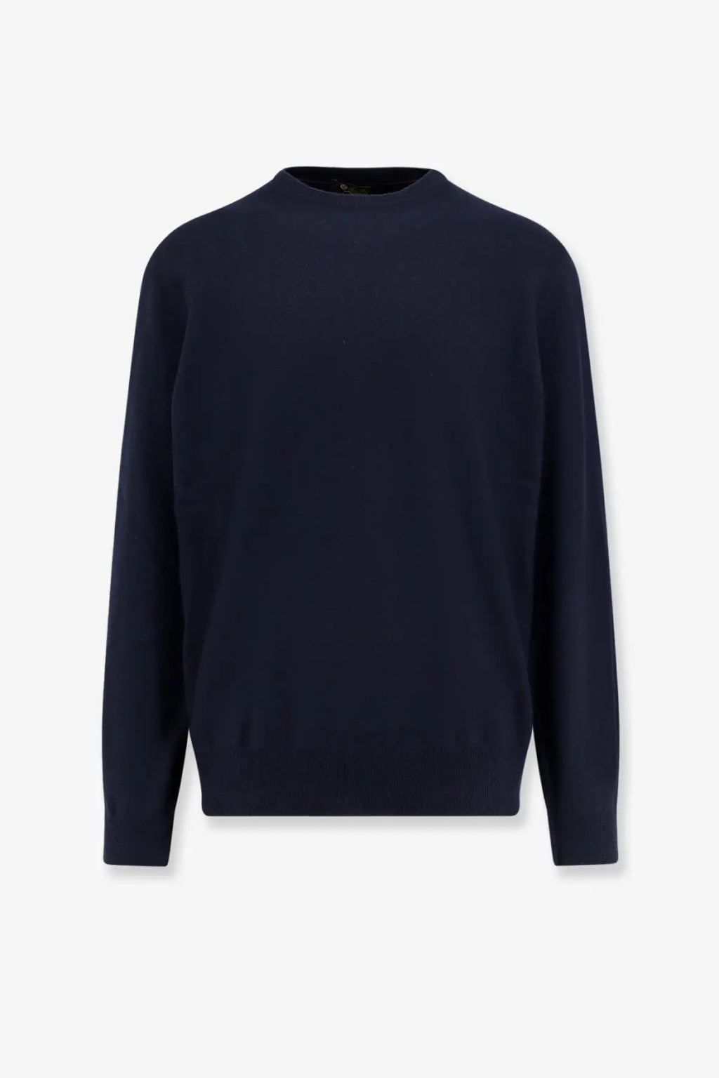 Loro Piana men’s baby cashmere crewneck sweater in navy blue with smooth fine-knit texture and ribbed cuffs
