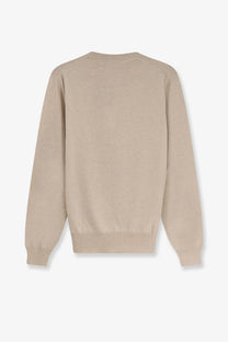 Beige knit loro piana men’s baby cashmere sweater with ribbed cuffs and hem in white color