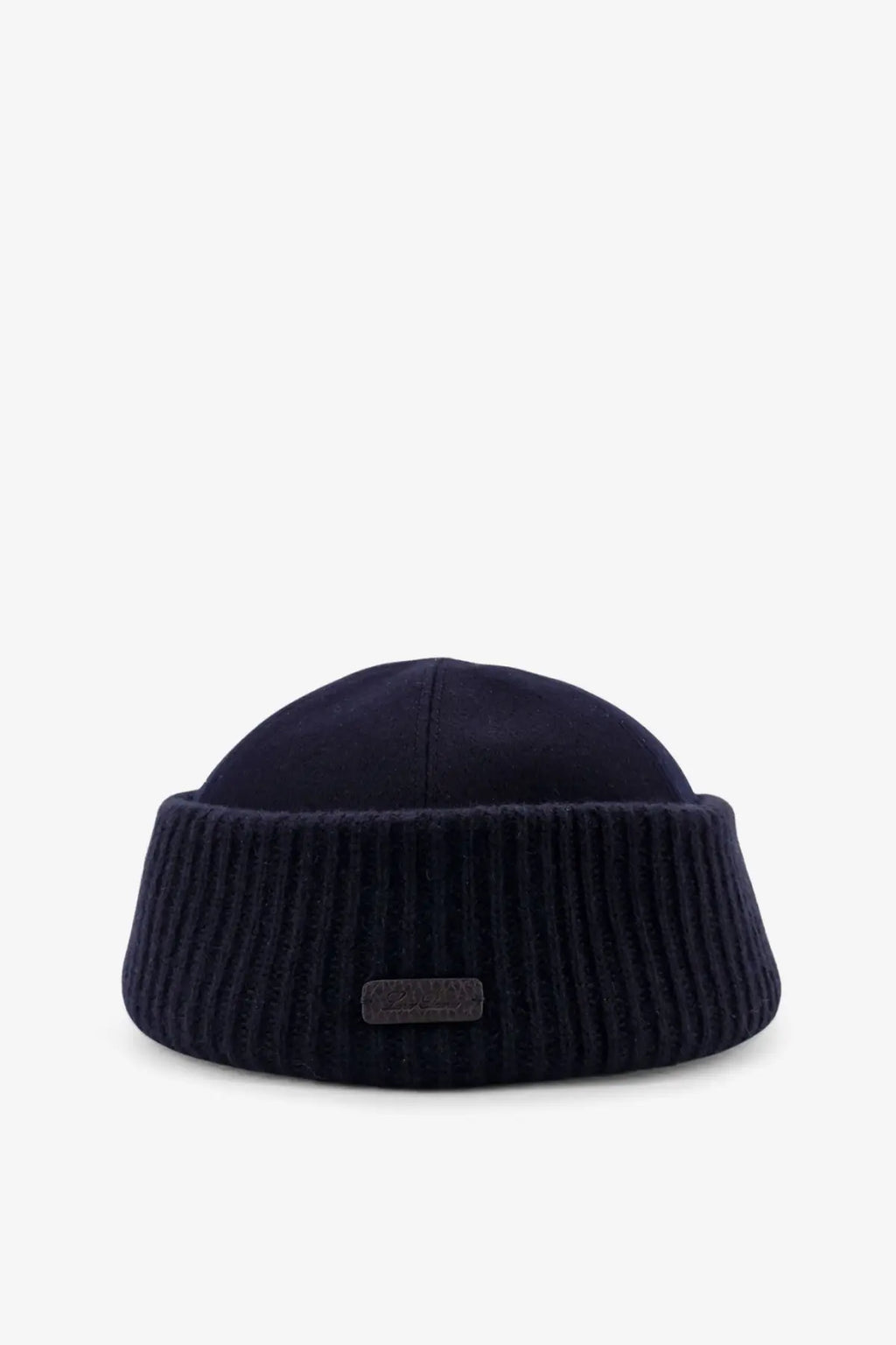 Dark navy ribbed knit cashmere beanie with folded brim and leather tag by Loro Piana men’s Brando hat blue