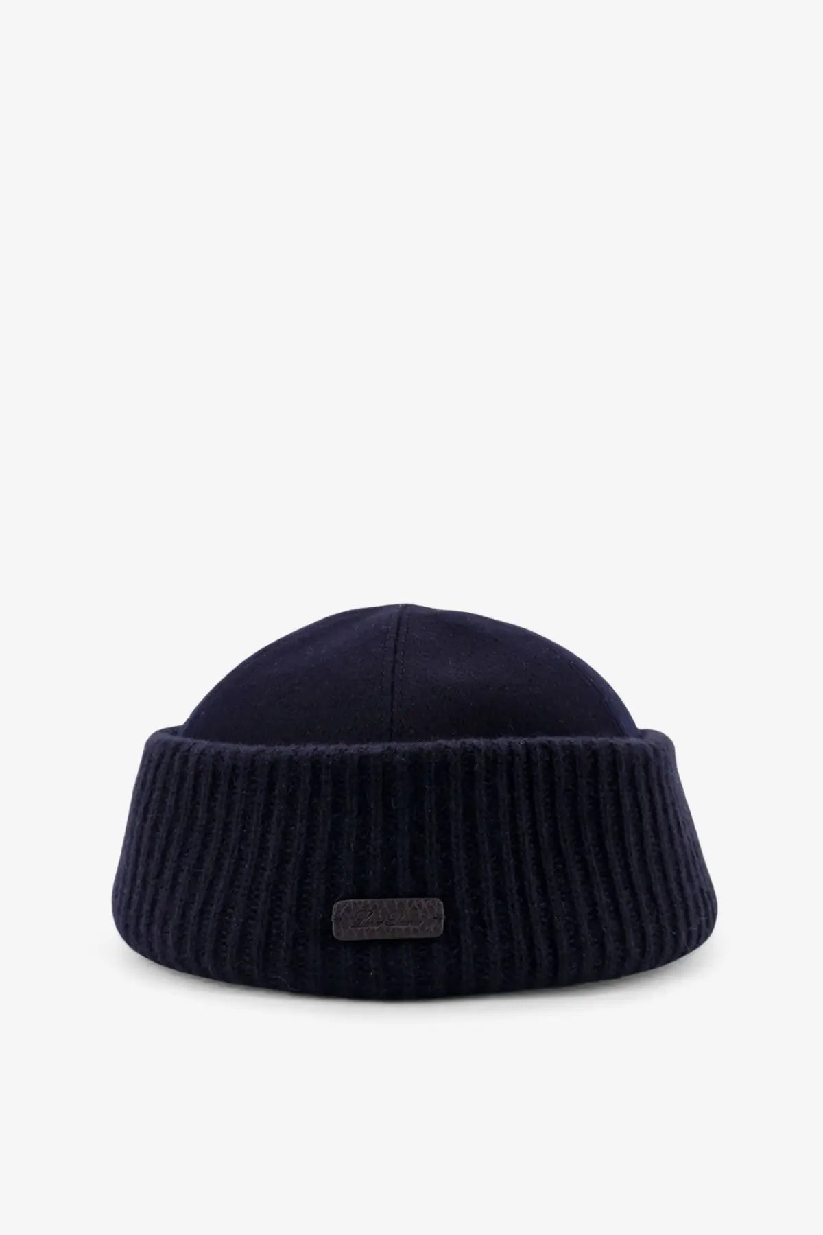 Dark navy ribbed knit cashmere beanie with folded brim and leather tag by Loro Piana men’s Brando hat blue