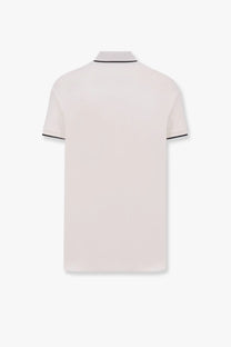 Loro Piana men’s Brentwood cotton polo shirt in off-white with black trim on collar and sleeve cuffs