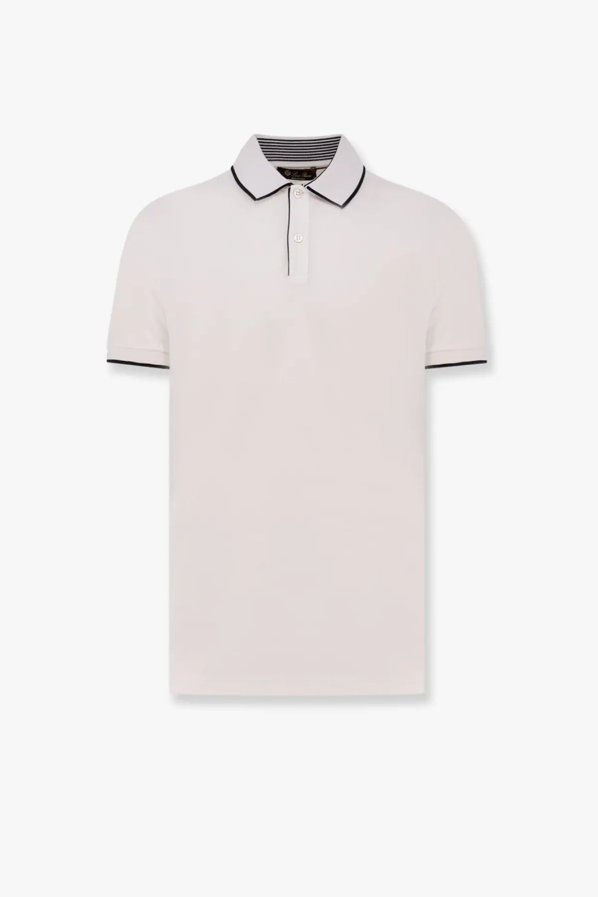 Loro Piana men’s Brentwood cotton polo shirt in off-white with black trim and subtle striped inner lining