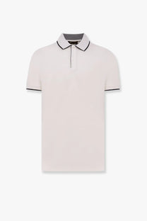 Loro Piana men’s Brentwood cotton polo shirt in off-white with black trim and subtle striped inner lining