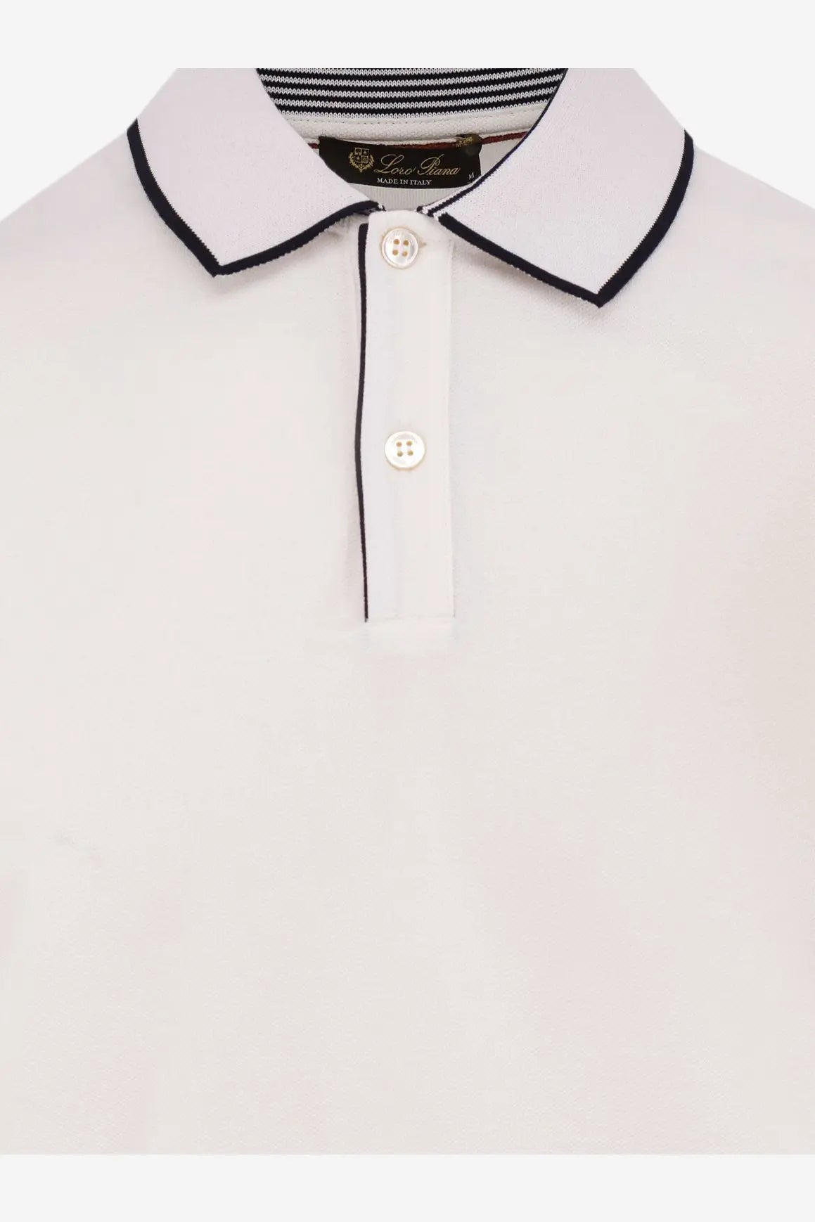 Loro Piana men’s Brentwood cotton polo shirt in white with black collar trim and subtle striped inner lining