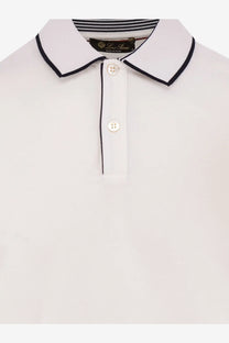 Loro Piana men’s Brentwood cotton polo shirt in white with black collar trim and subtle striped inner lining