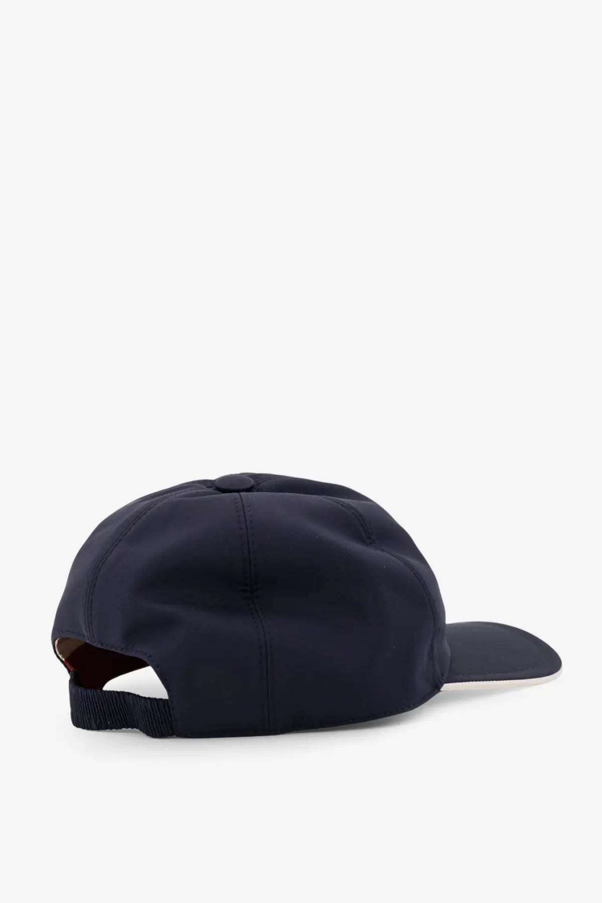 Navy blue Loro Piana men’s nylon baseball hat with structured crown and adjustable strap shown from the back side