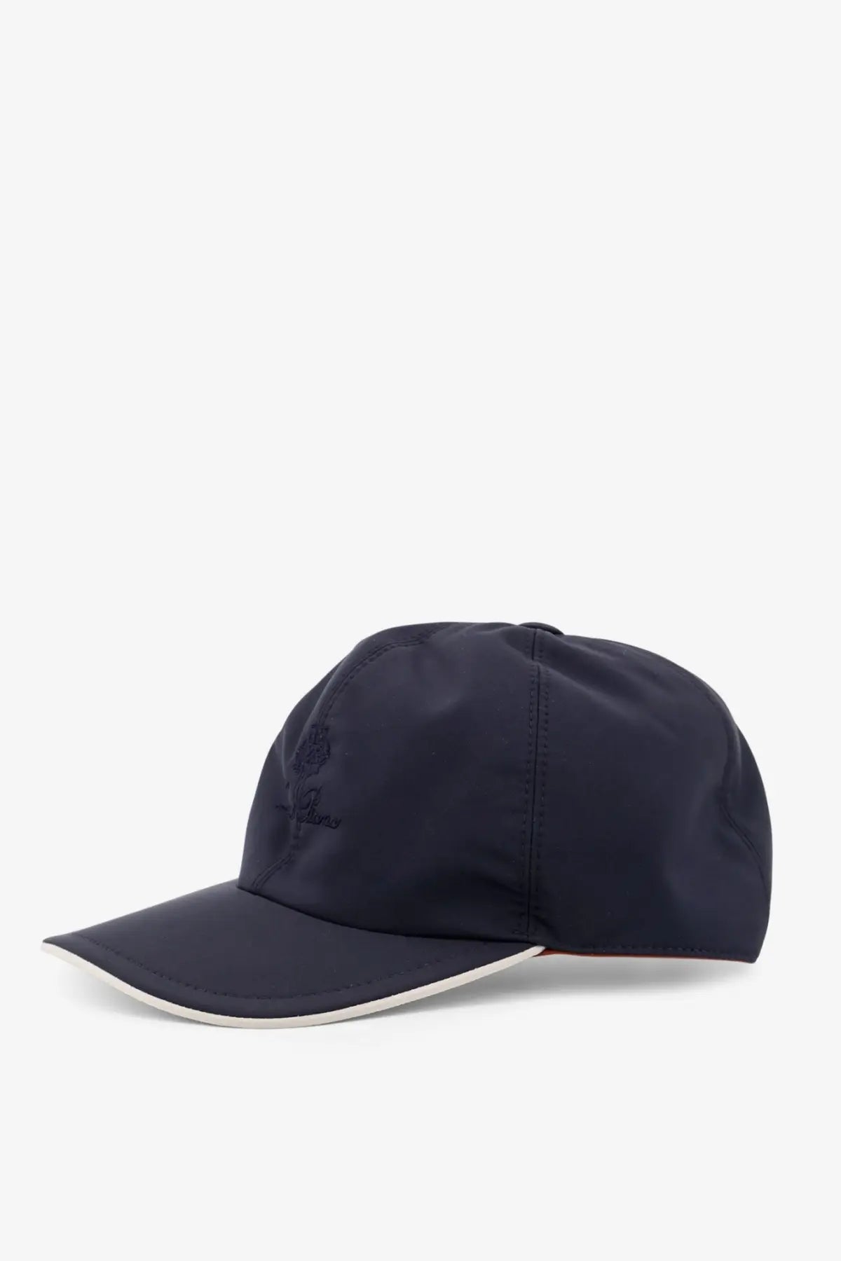 Navy blue nylon baseball cap with white brim and subtle embroidered logo by Loro Piana for men