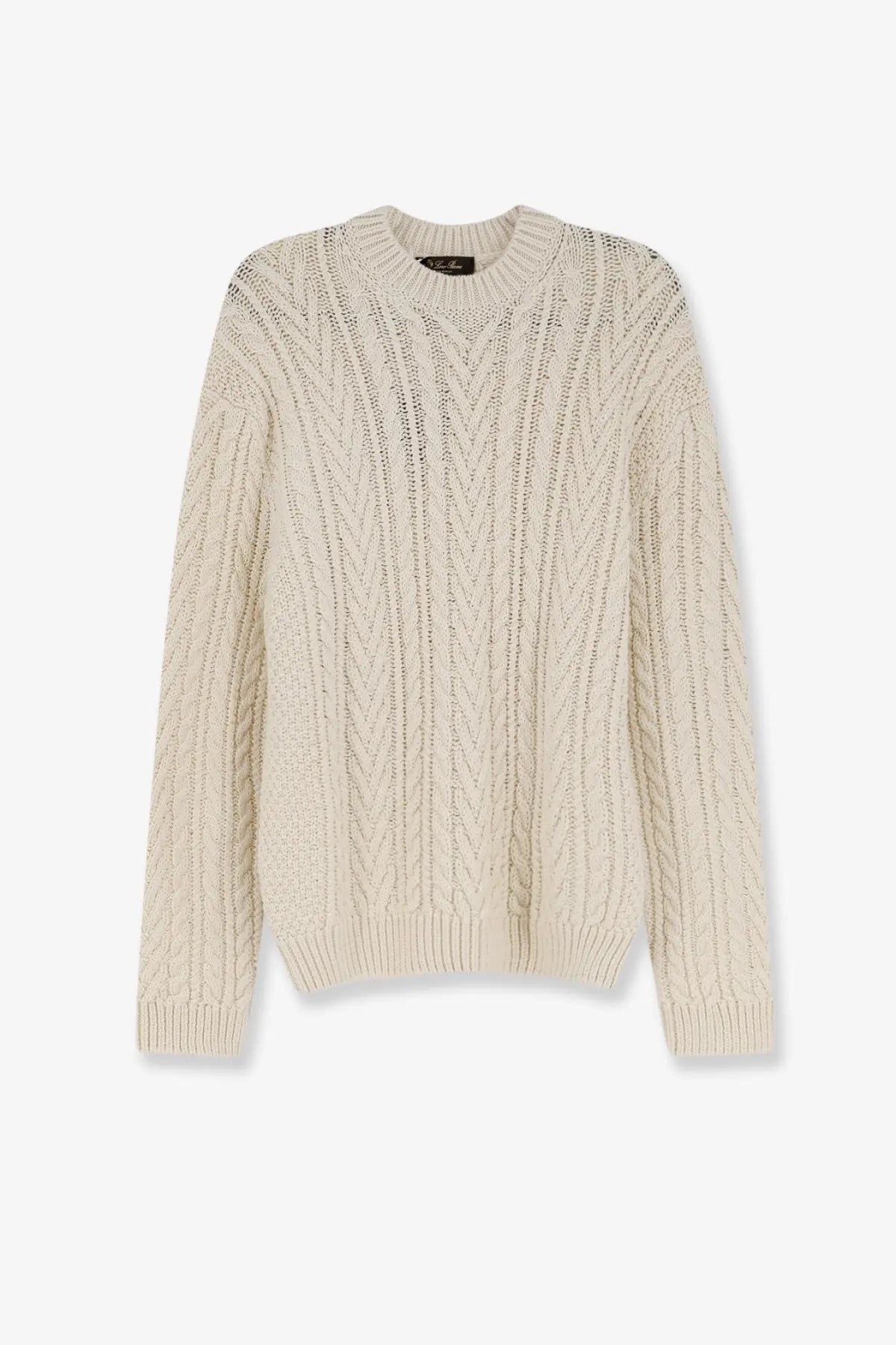 Loro Piana men’s schooner sweater in cream-colored cable-knit cashmere and abaca blend with crew neck and ribbed cuffs