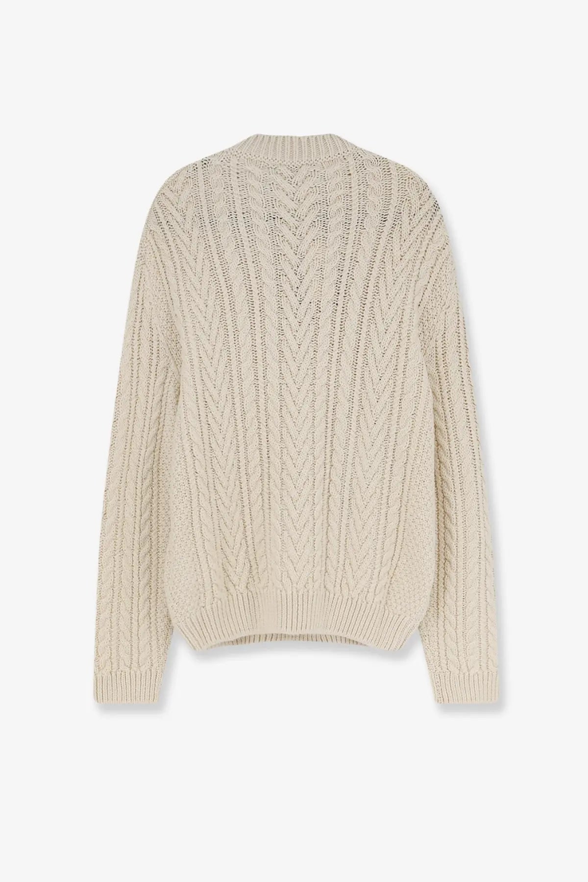Loro Piana men’s Schooner sweater in cream beige chunky knit with textured cable pattern ribbed cuffs in cashmere abaca blend