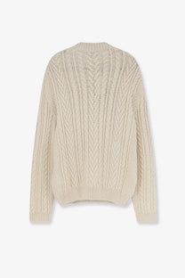 Loro Piana men’s Schooner sweater in cream beige chunky knit with textured cable pattern ribbed cuffs in cashmere abaca blend