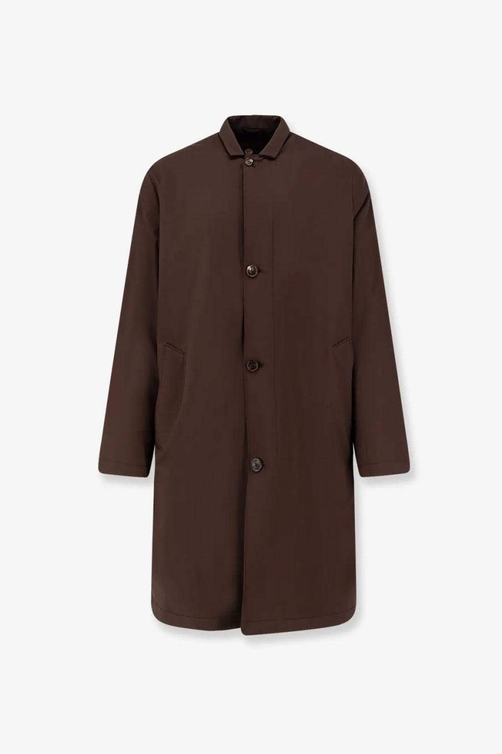 A sleek dark brown Loro Piana men’s Sebring waterproof trench coat with classic collar and button closure