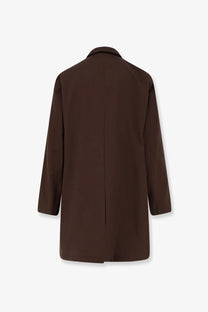 A sleek dark brown Loro Piana men’s Sebring waterproof trench coat with classic collar and straight-cut silhouette