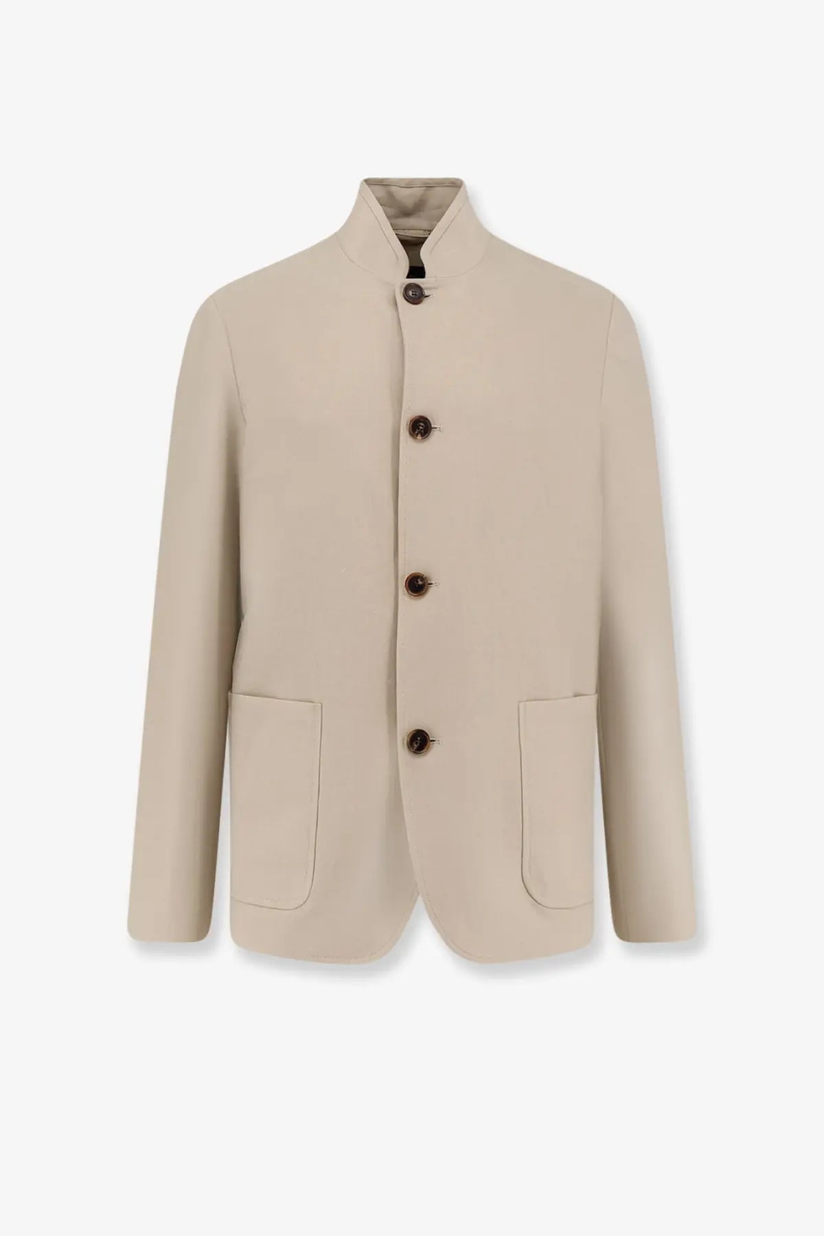 Loro Piana men’s Spagna linen blazer in orange with beige wool-blend mandarin collar and dark brown buttons